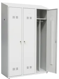 Stahl-Spind mit Schrägdach 3-türig (je Abteil: Hutboden und Kunststoff-Kleiderstange inkl. 2 Kleiderhaken und Schwarz-Weiß-Trennwand)